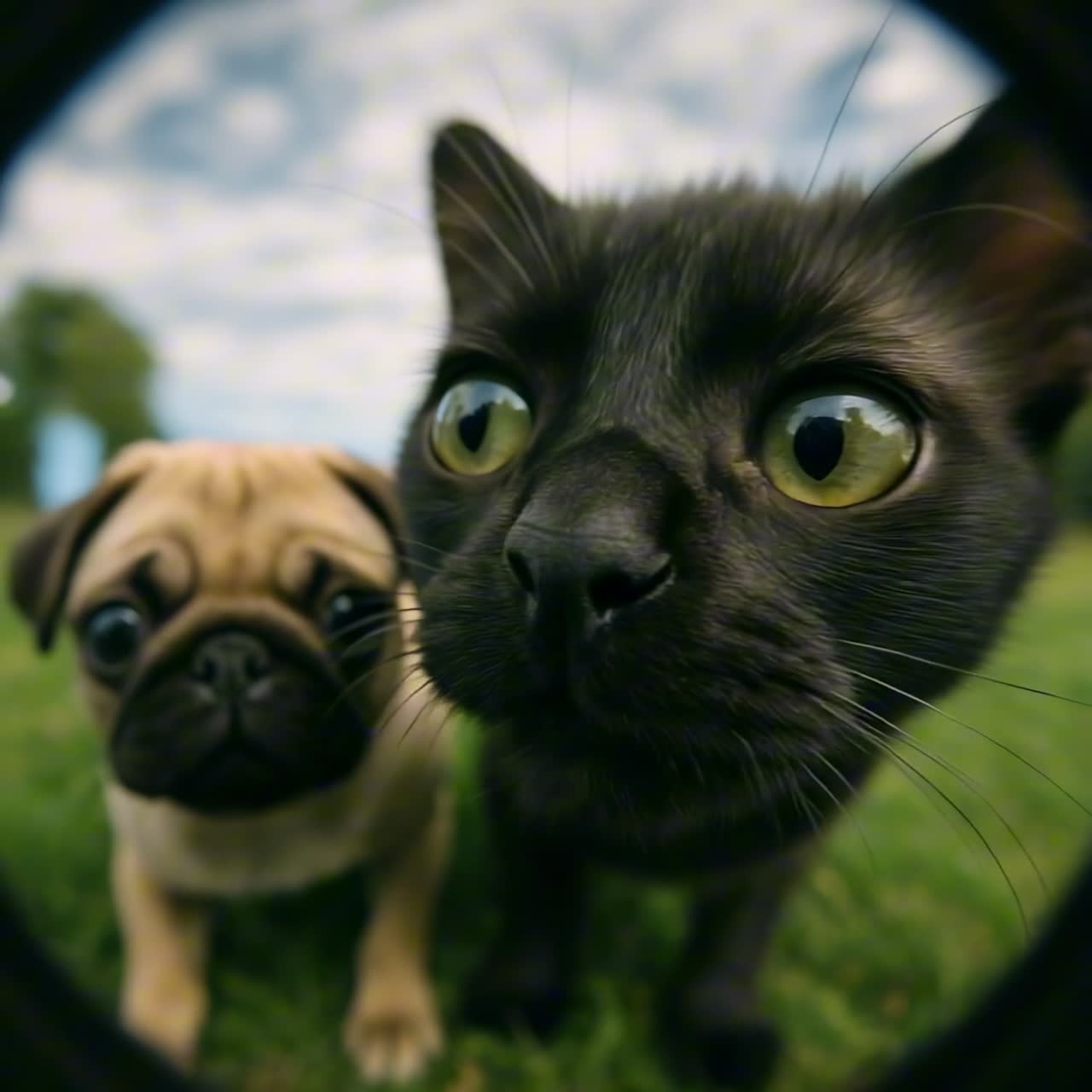 Gato preto curioso e filhote de pug olhando para a câmera com lente olho de peixe.