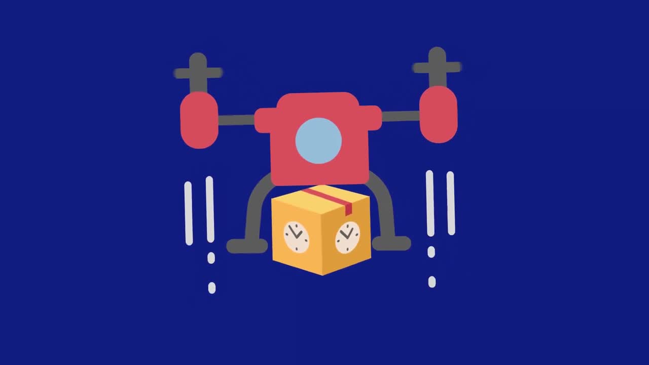 배달 패키지 상자를 운반하는 헬리 ⁇ 터 아이콘의 디지털 애니메이션 파란색 배경에 맞춰 틱하는 시계