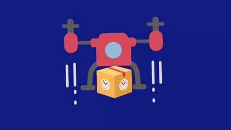 animación digital del icono del helicóptero que lleva la caja del paquete de entrega marcando el reloj contra el fondo azul