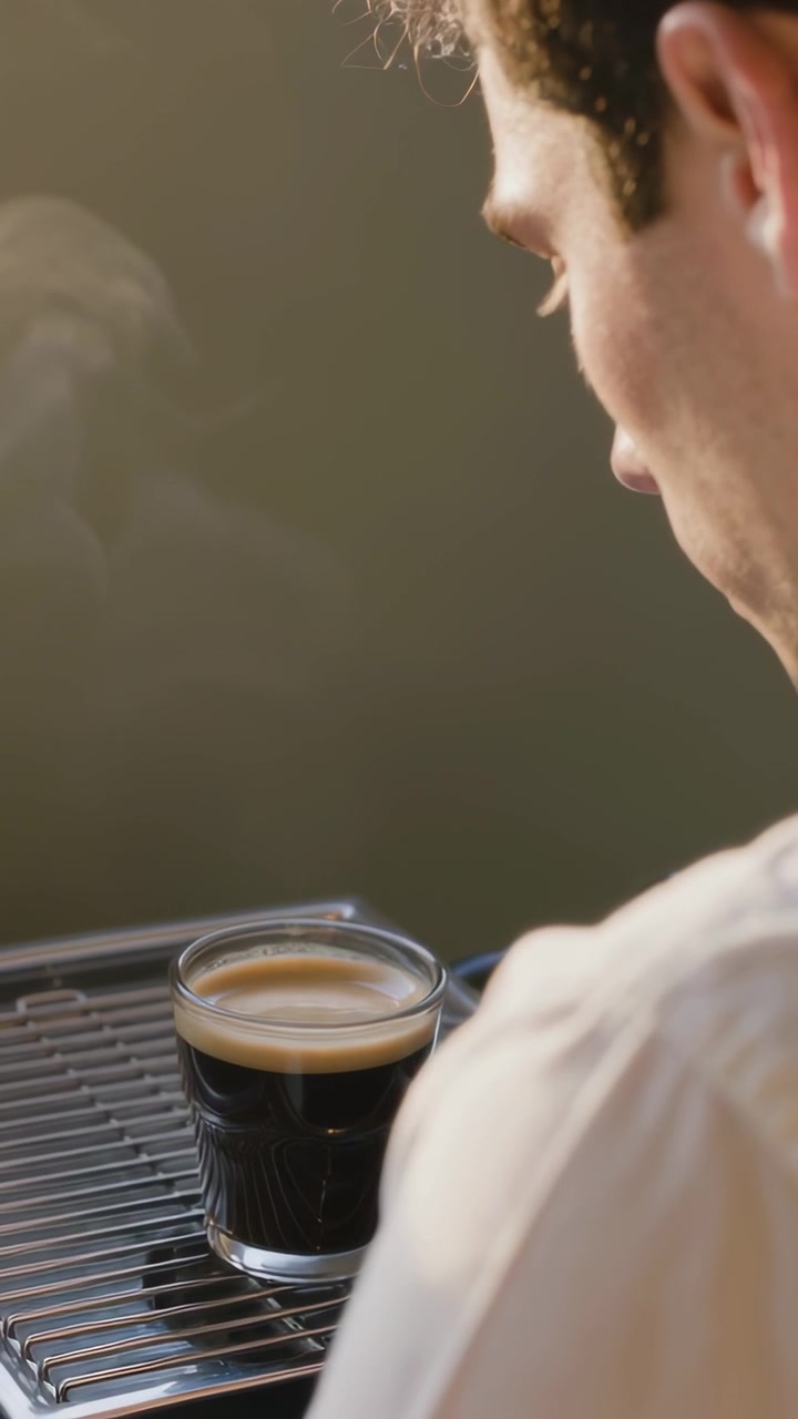 Video verticale: Uomo in camicia che osserva, chinato su una tazza di caffè espresso dopo la preparazione al bar, con la crema che sale