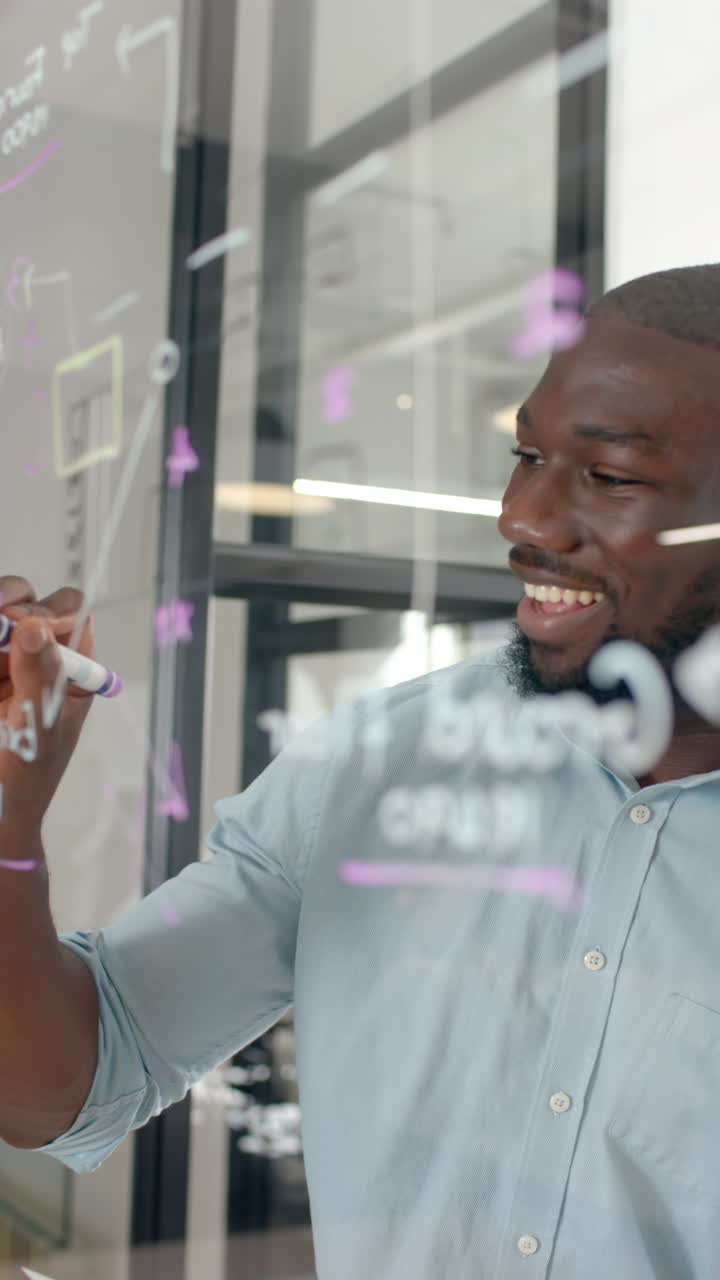 Vertical video: writing on transparent board, smiling businessman brainstorming ideas during meeting
