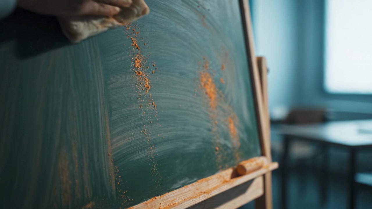 Lavagna con particelle di polvere che mostra la conoscenza in classe e l'ambiente di apprendimento in un ambiente delicatamente illuminato con un'atmosfera educativa e idee non scritte.