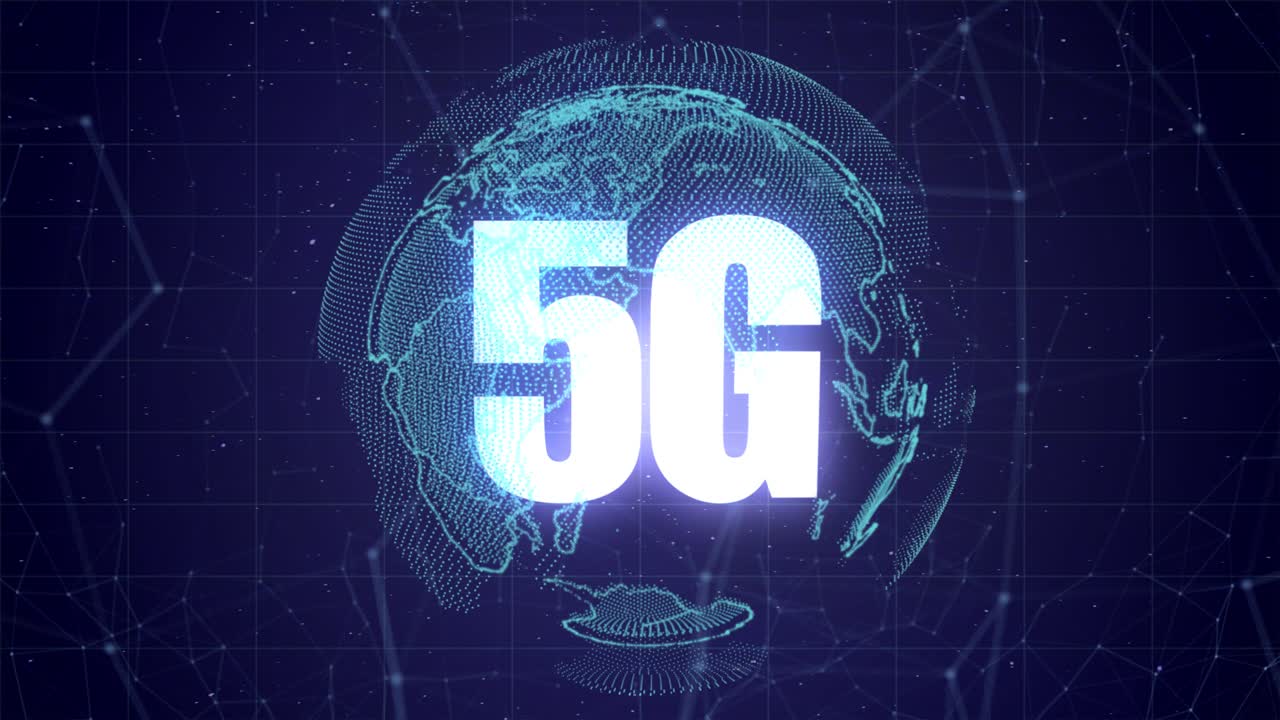 animazione grafica animata vfx di alta qualità che raffigura la tecnologia emergente nello spazio di connettività cellulare 5g, con globo terrestre di particelle rotanti e design astratto del plesso, in combinazione di colori blu
