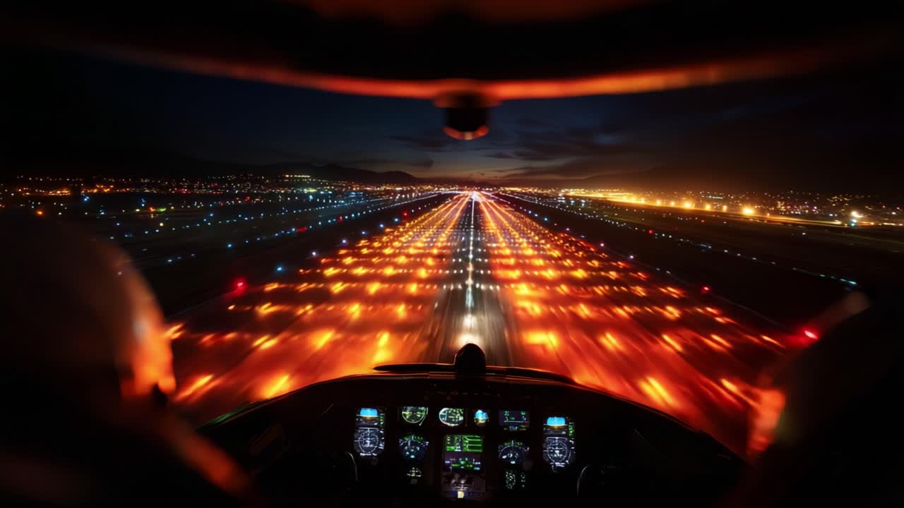 Captivating View from the Cockpit During Night Landing: Brilliant Lights Illuminate Runway as Aircraft Approaches for Touchdown Amidst a Vibrant Urban Skyline