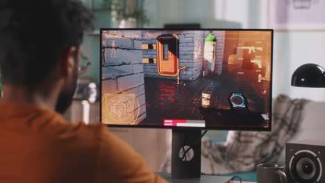 person playing a first-person shooter video game