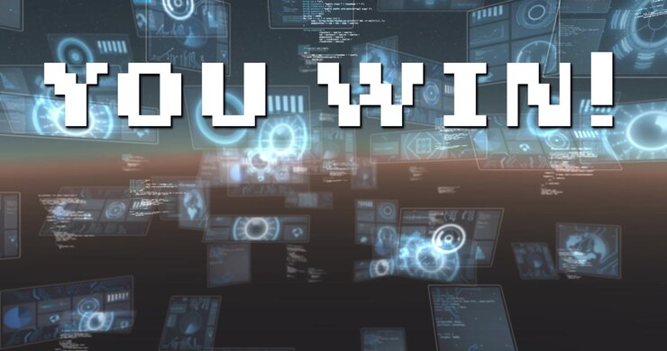 Animation of you win text over scope scanning and data processing
