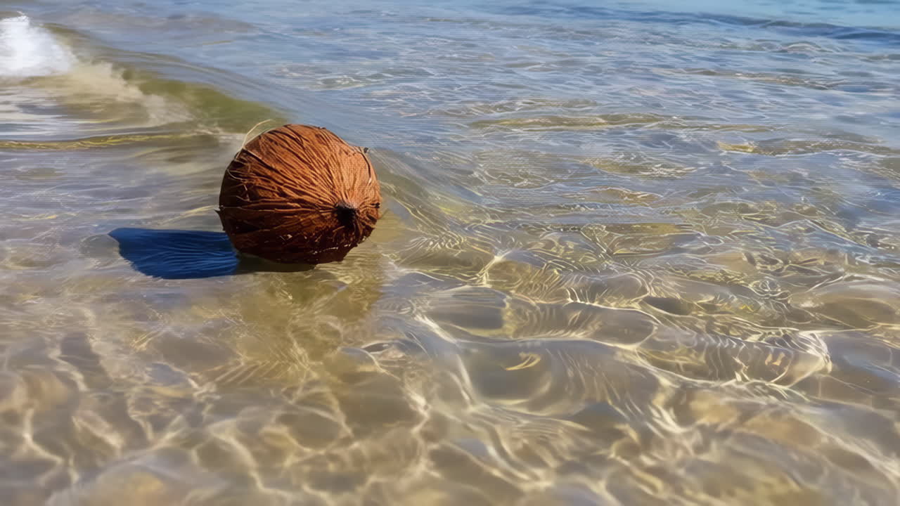 Coconut floating in shallow water on a beach