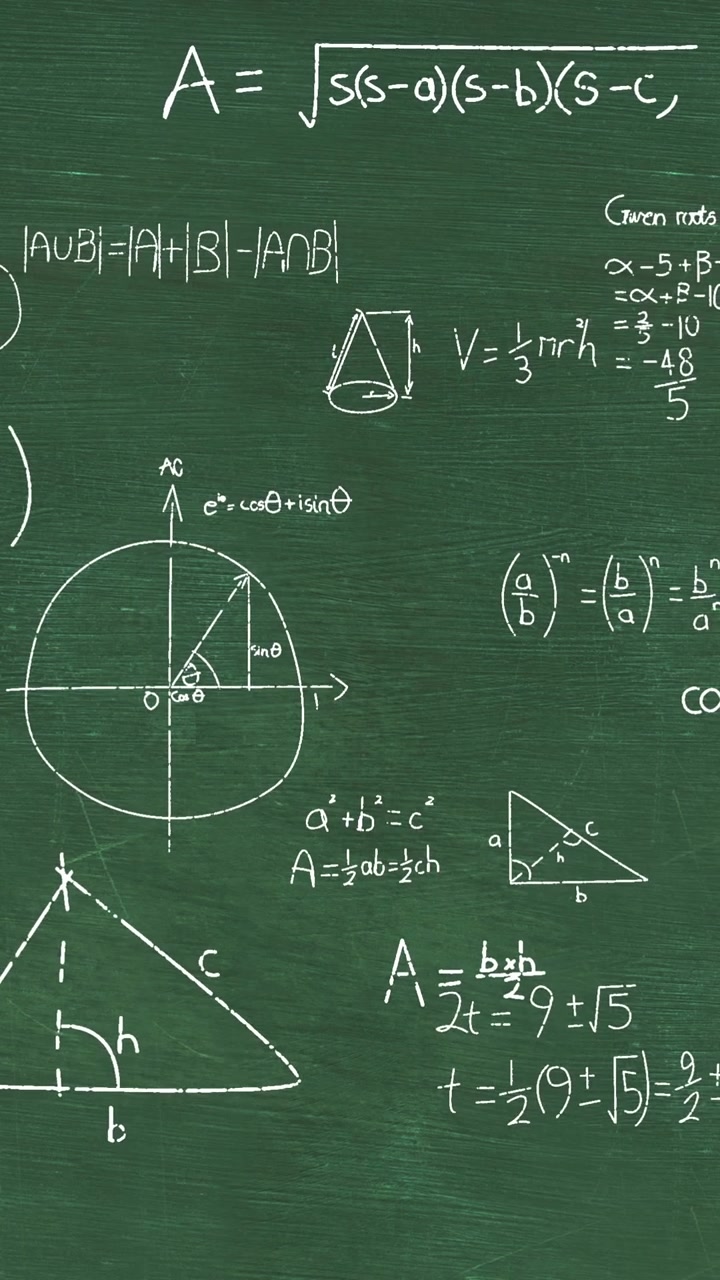 Animation of mathematical equations and formulas floating against green chalkboard background