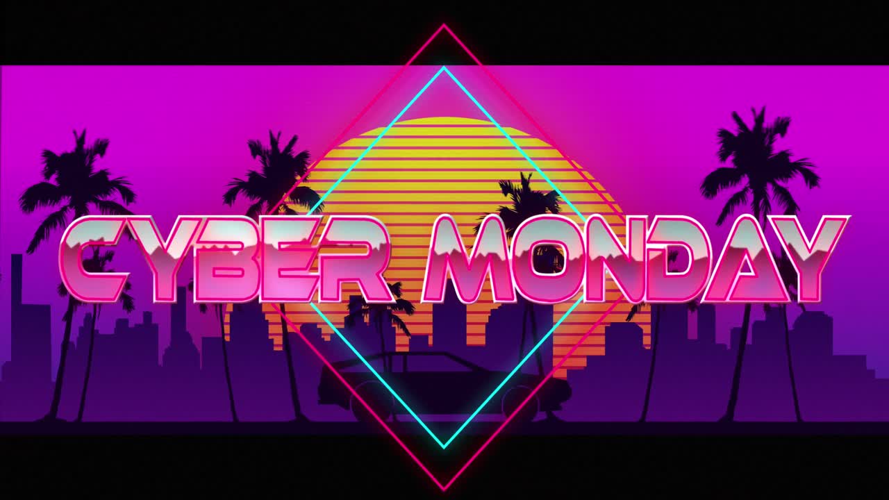 디지털 해가 지는 차 위에서 사이버 월요일 텍스트의 애니메이션