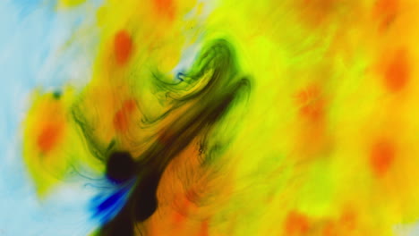 yellow blue and orange paint or dye dropped into water against white background to create swirling colourful smoke background