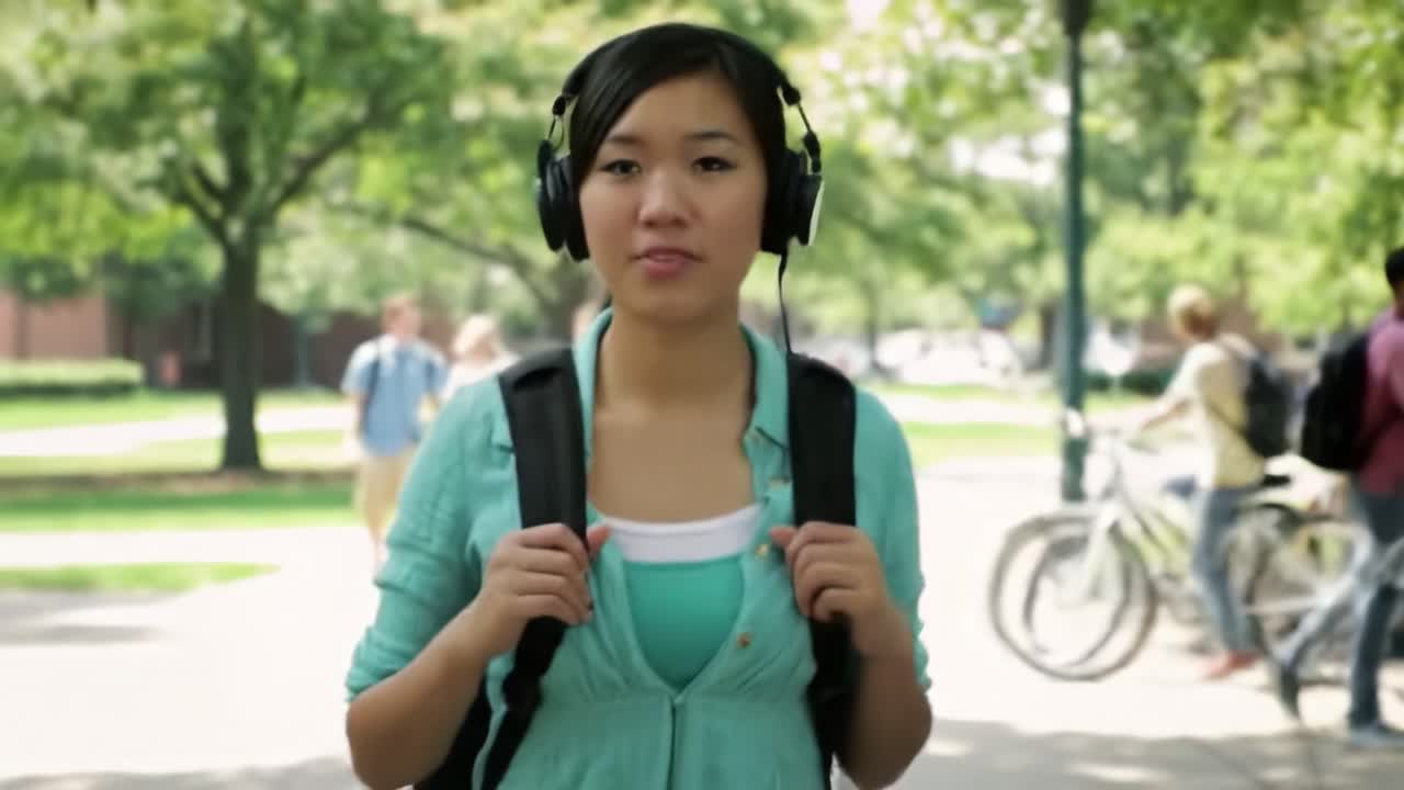 Young woman walking confidently through a park while listening to music on her headphones, showcasing a relaxed atmosphere in a vibrant outdoor setting.