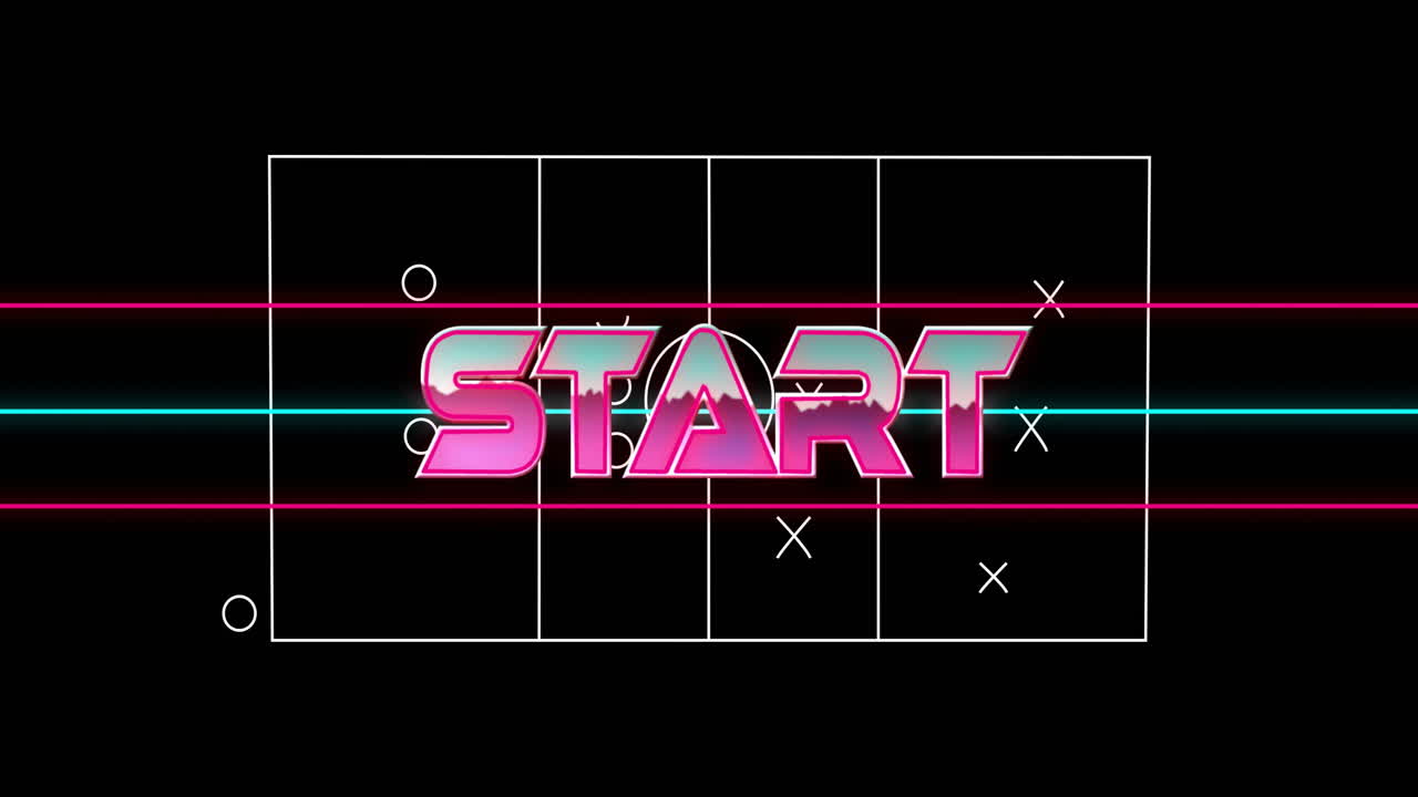 START text animation over grid with neon lines and geometric shapes