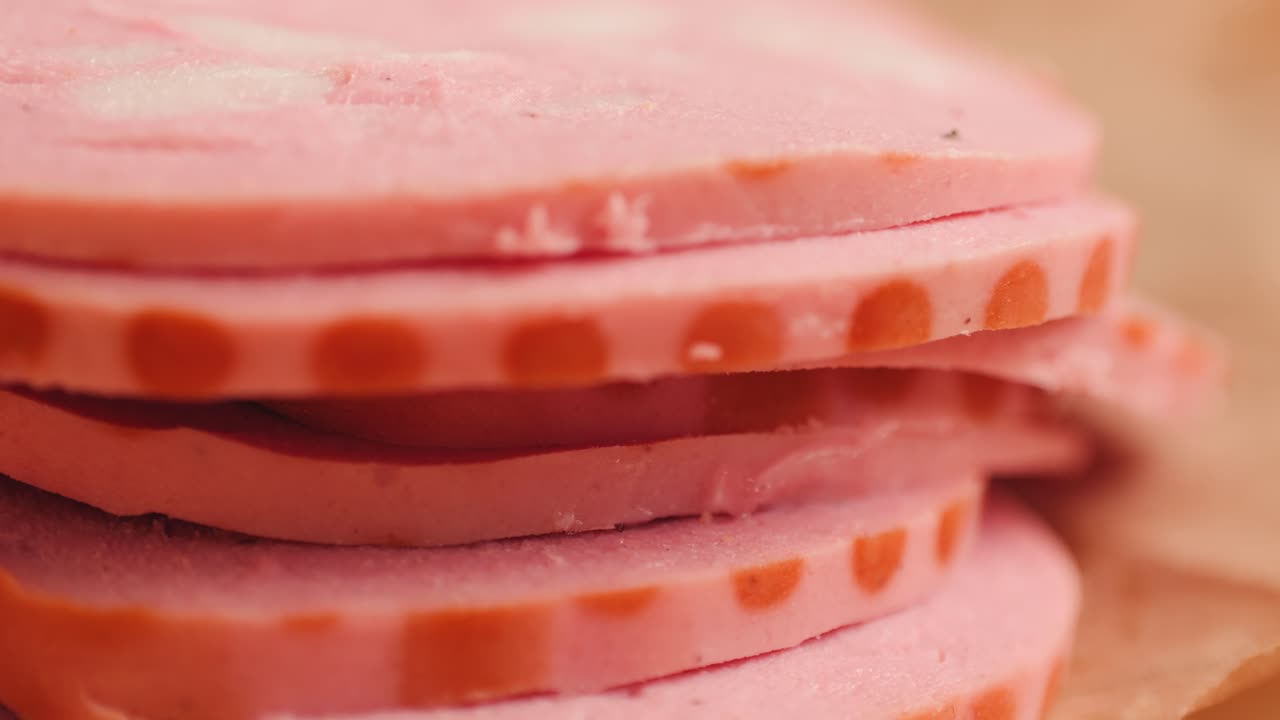 Ham italian mordatella, man Slices Of Traditional Italian antipasti mortadella sausage on a wooden cutting board, close up macro of chicken or turkey jamon, fat breakfast dish.