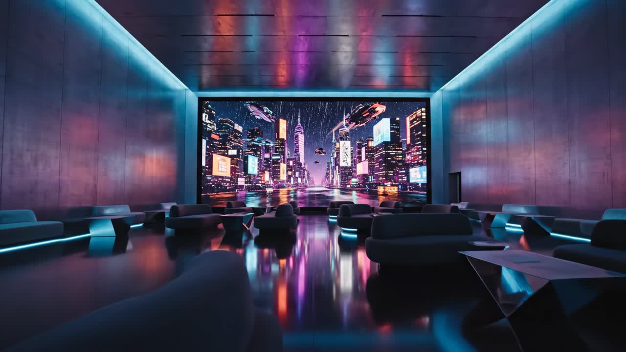 Futuristic Lounge with Cityscape Screen