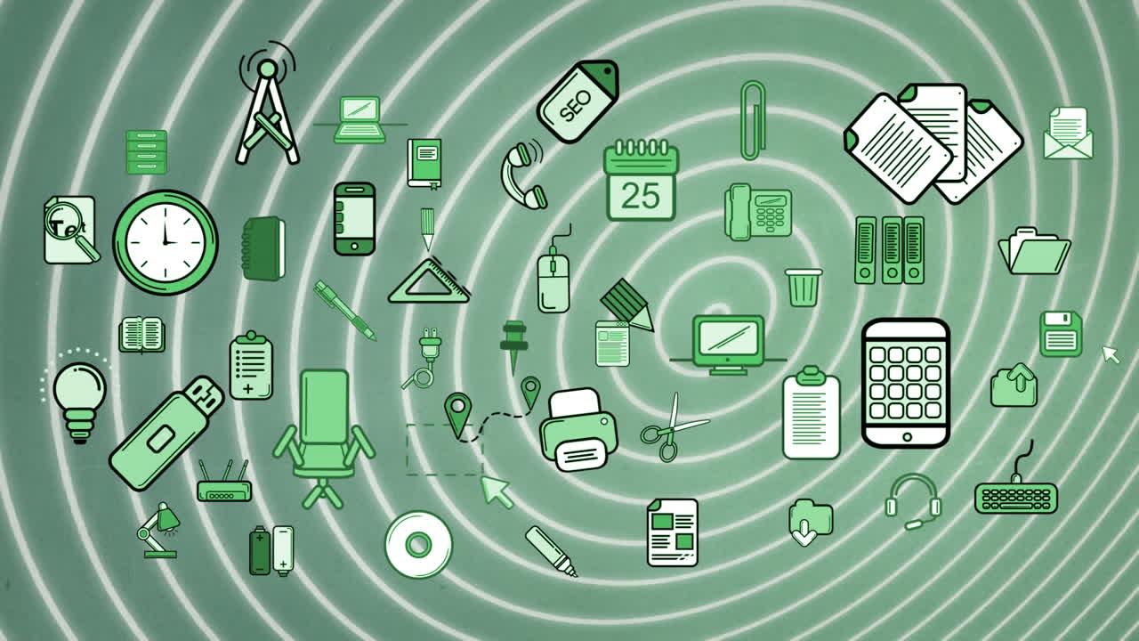 초록색 배경에 있는 학교 도구의 애니메이션