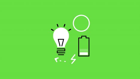 4k video of cartoon light bulb and charging battery icons on green background.