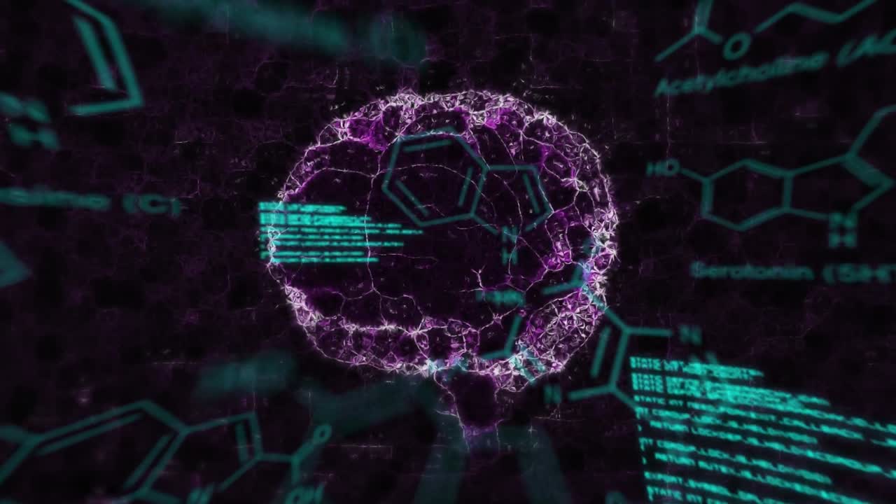 Animation of brain and scientific data processing on black background