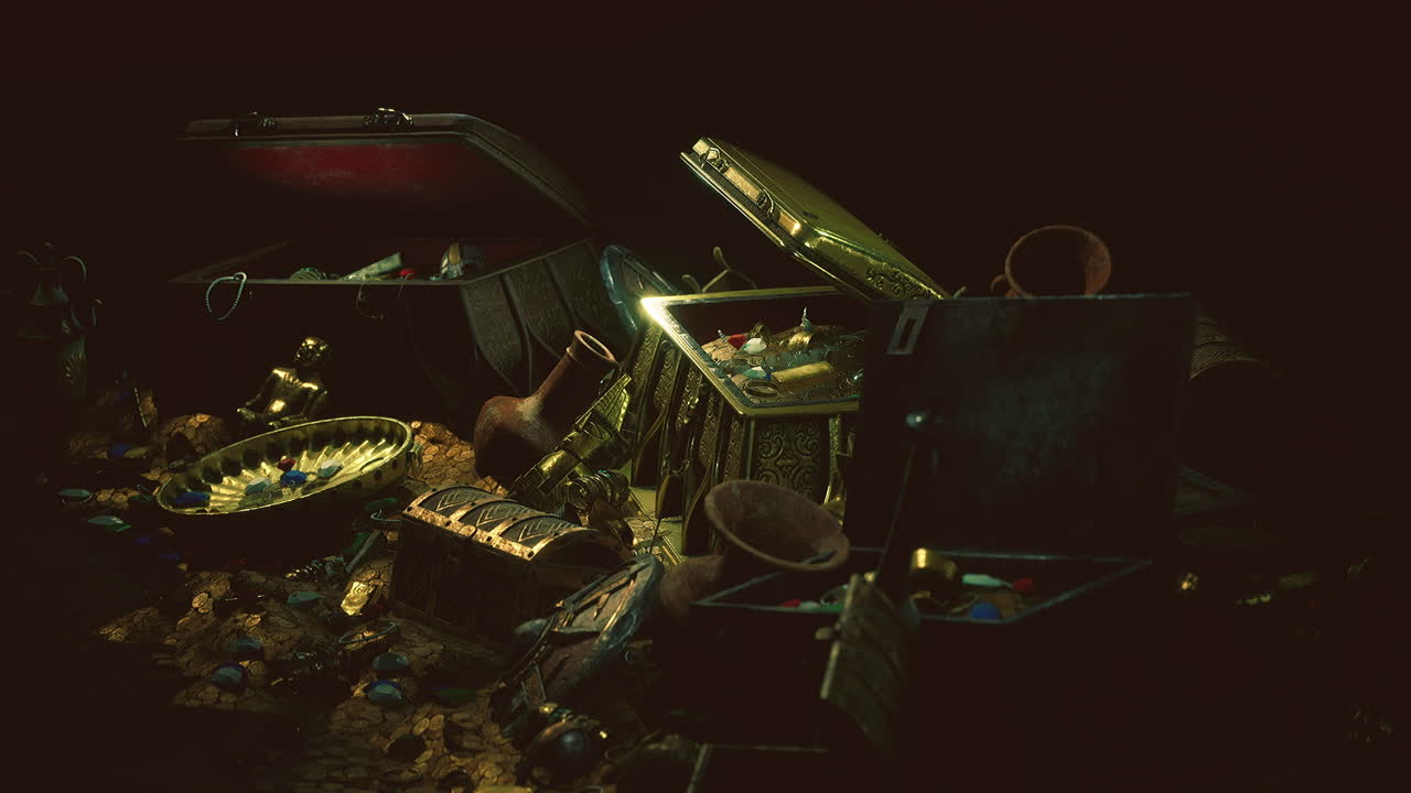 Treasure trove with ancient artifacts and jewels in a dark setting