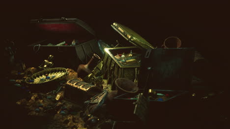 treasure trove with ancient artifacts and jewels in a dark setting