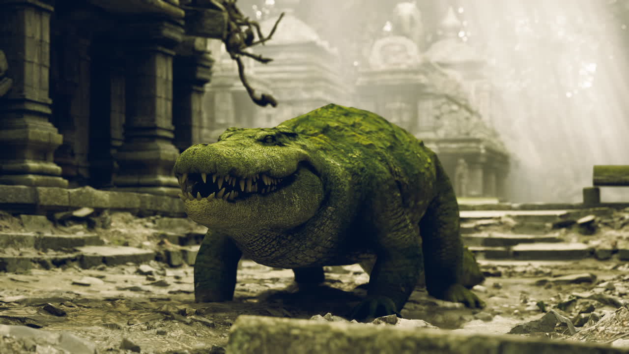 Crocodile walking through ancient ruins overgrown with moss and vegetation