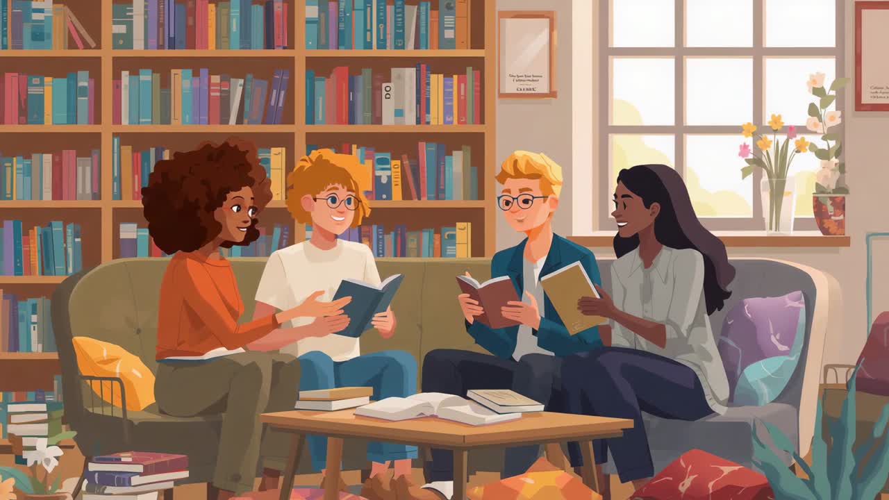 Pointing book, one starting discussion while four peers turning pages in living room with bookshelf