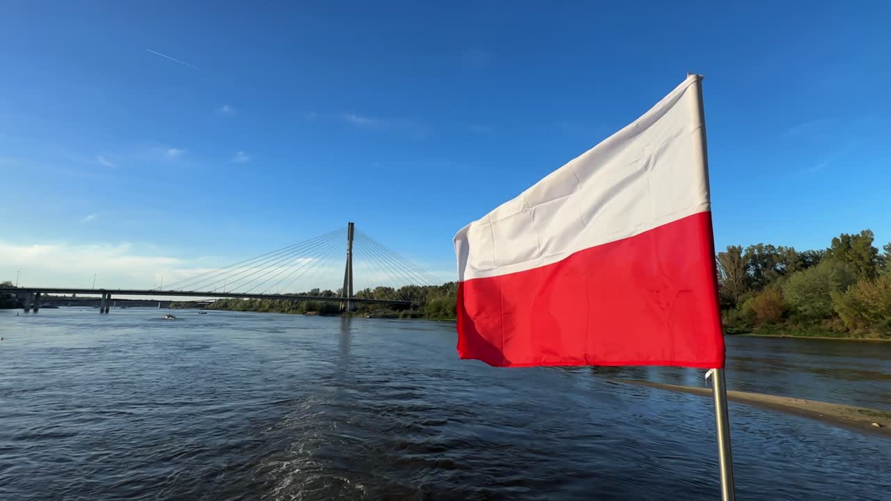 Polish flag river boat boat on the river in Warsaw