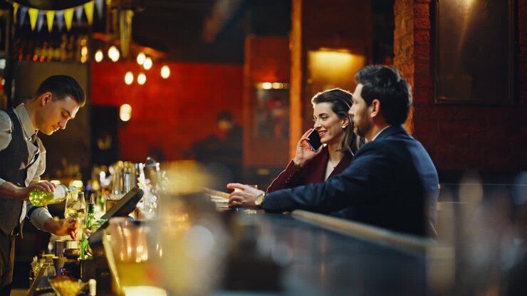 Partner commerciali seduti al bancone del bar. Donna seria che parla al telefono