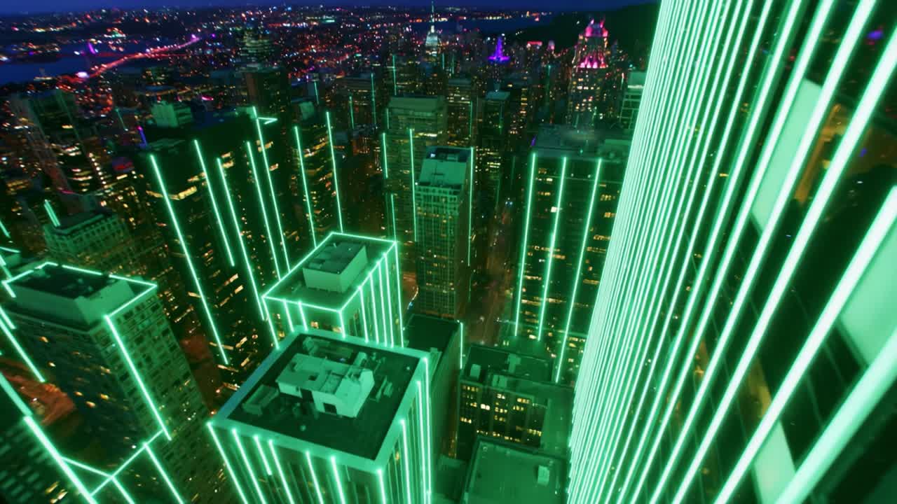 Illuminated Skyscrapers at Night: A Captivating Aerial View of a Modern Cityscape with Neon Green Lights and Vibrant Urban Atmosphere Showcasing Architectural Beauty and Urban Life