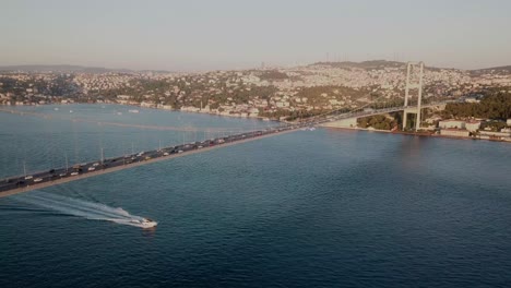 istanbul bosphorus bridge drone footage at sunset, aerial