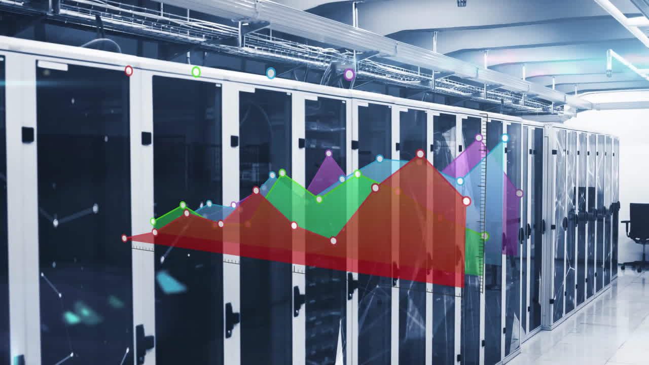 Data analytics graph animating over servers in modern data center