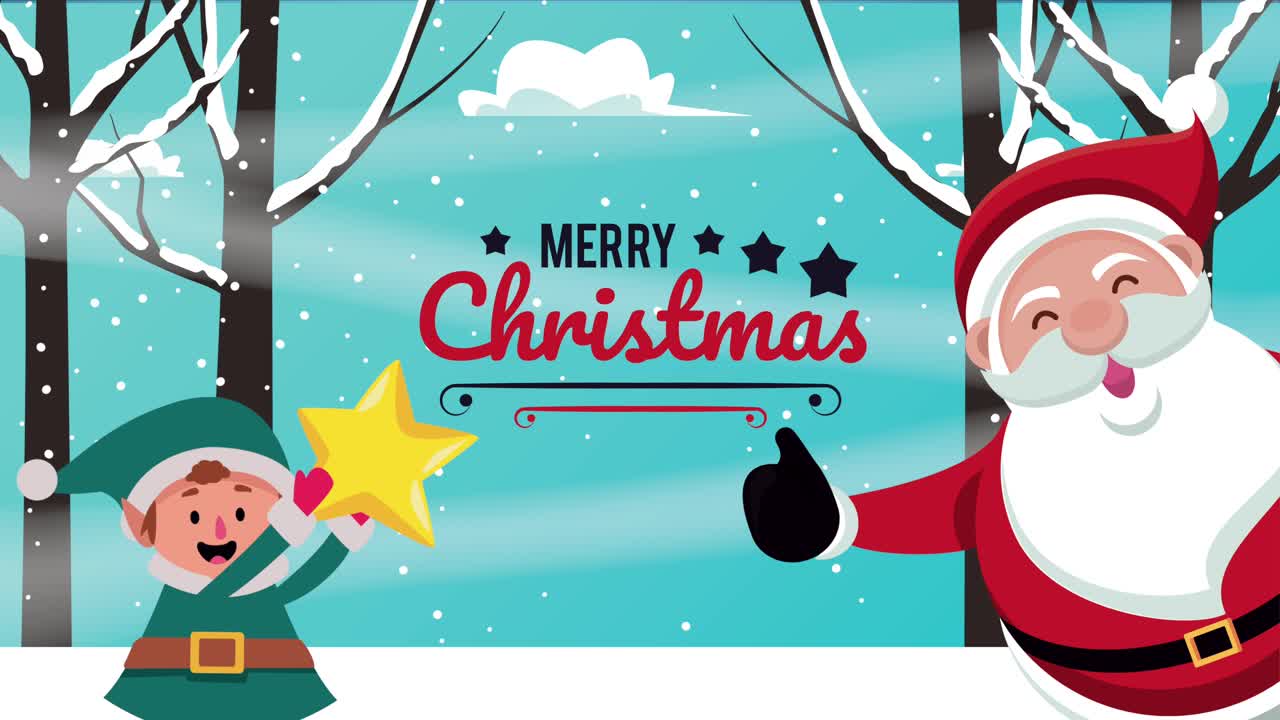 산타클로스와 엘프와 함께 메리 크리스마스 카드