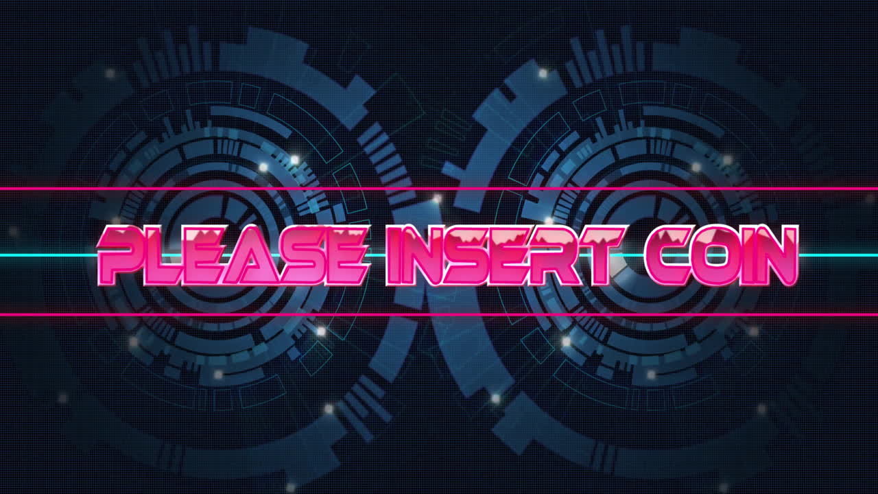 Please Insert Coin text animation over futuristic circular digital interface