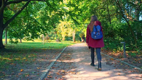 lovely warm day young woman makes her way along park walkway