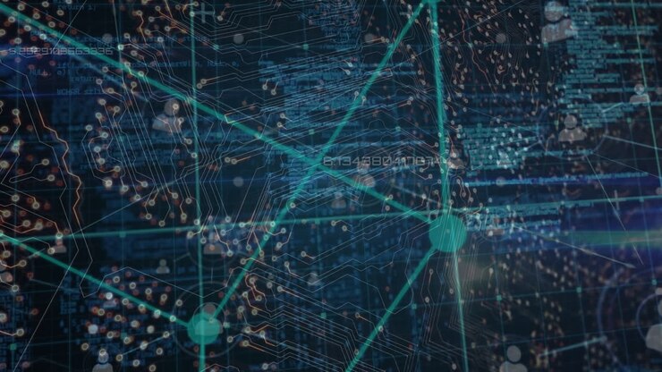 Animation of computer circuit board over data processing and network of connections
