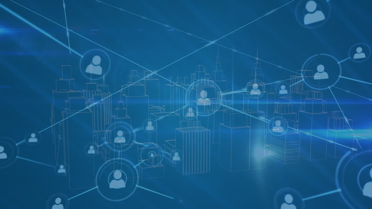 Animation of network of profile icons over 3d city model spinning against blue background