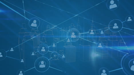 animation of network of profile icons over 3d city model spinning against blue background