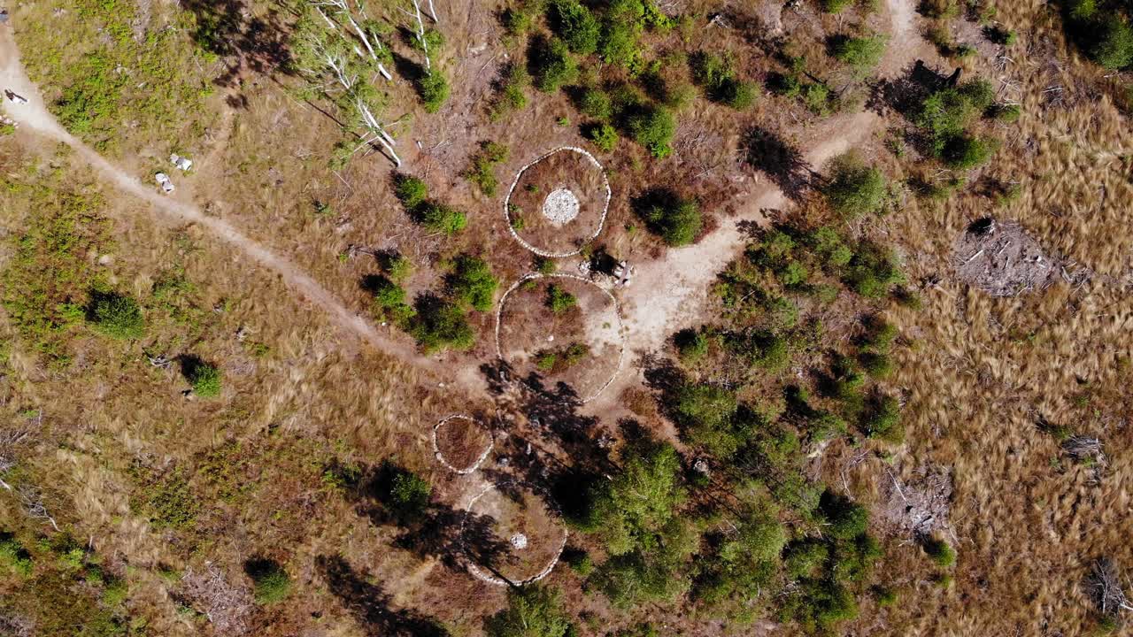 vista aérea de cromlech, construcción megalítica hecha de grandes bloques de piedra, en el árido paisaje en el pueblo de lesno, condado de chojnice, polonia - disparo de drones