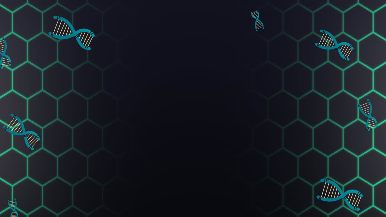 검은색 배경에 있는 육각형 위에 있는 dna 가닥의 애니메이션