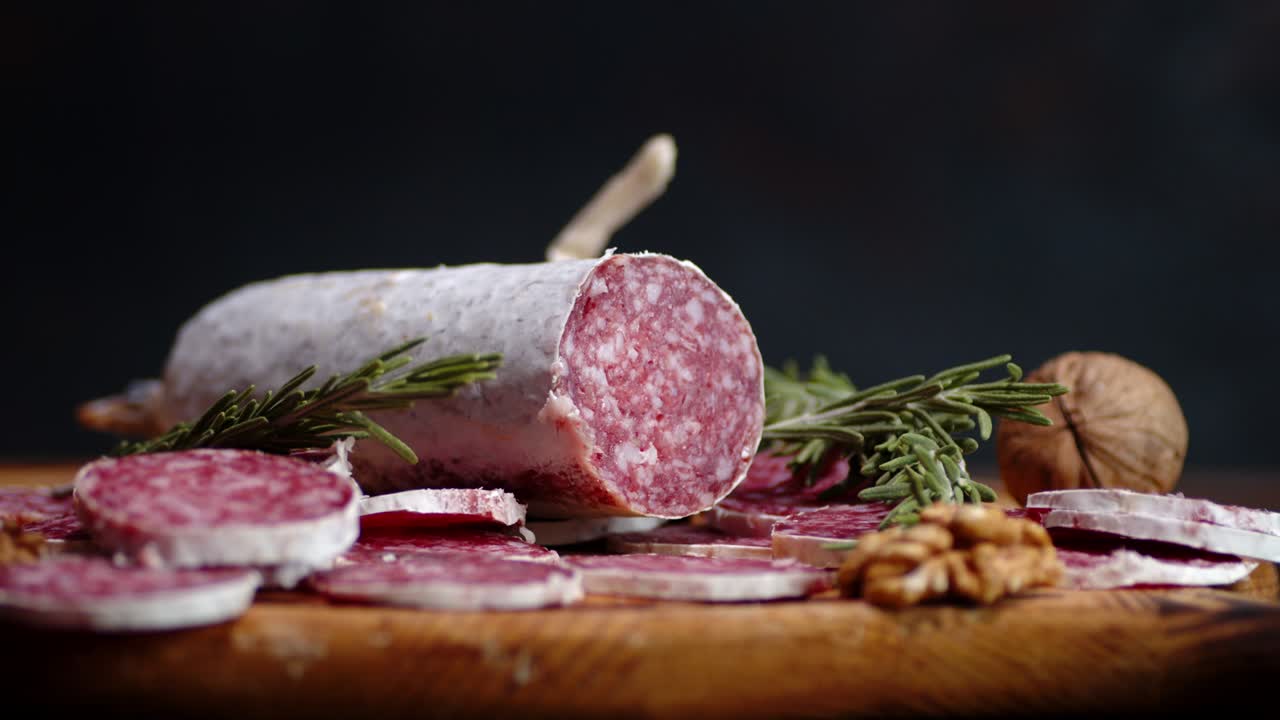 Sliced salami with walnuts and rosemary slowly rotates.