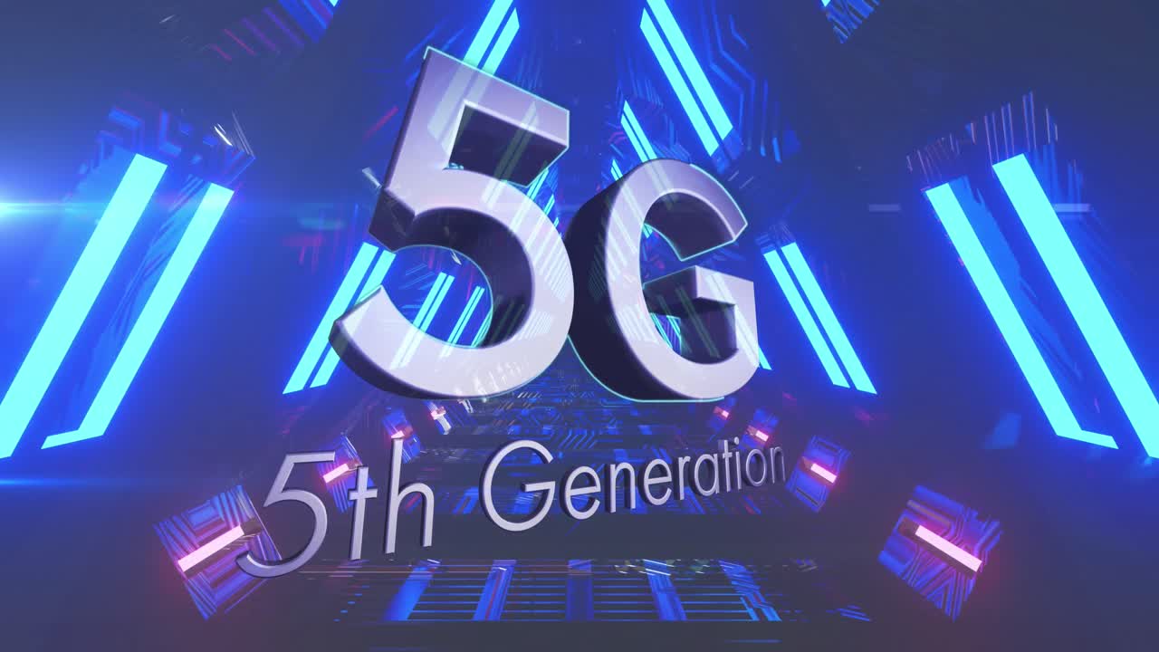 배경에 파란색 네온 빛나는 터널 위에 5g 5세대 텍스트의 애니메이션