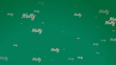 animation of multiple holly texts at christmas on green background