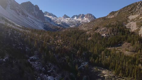 Aerial-Of-Mountain-Glaciers-Valley-forest,-King-canyon-national-park-big-pine-lakes-california