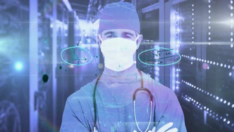 mathematical equations over portrait of man in computer server.
