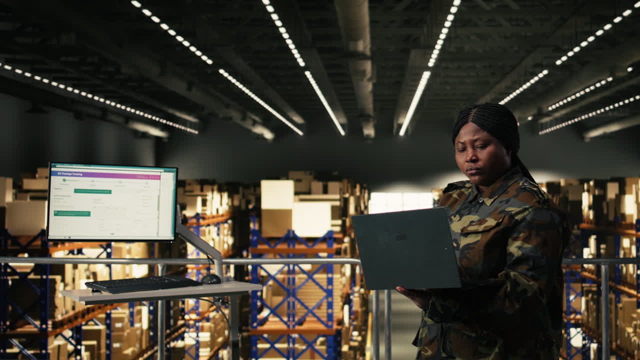 Logistics Team in Camouflage Uniforms Tracking Packages