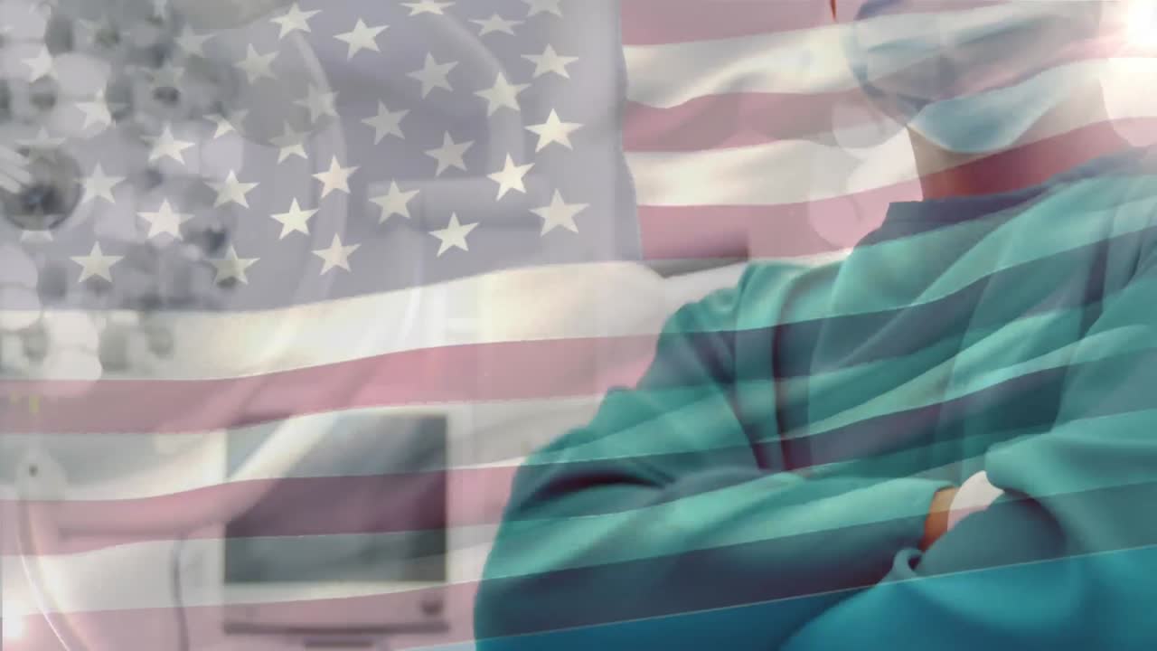 수술실 에서 외과의사 위 에 흔들리는 미국 국기 의 애니메이션