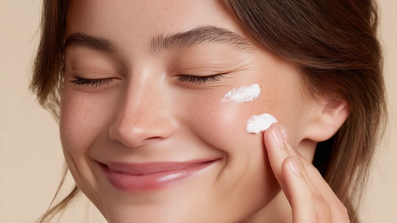 A Young Woman Enjoys the Experience of Applying a Creamy Skincare Product to Her Cheek, Showcasing a Natural Beauty and Radiant Smile, Emphasizing the Importance of Skincare Regimens
