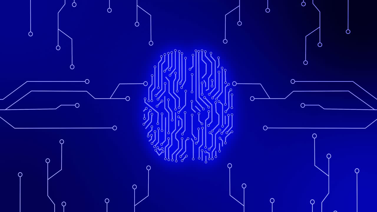 animación de cerebro humano brillante azul con circuito de placa madre de computadora sobre fondo azul