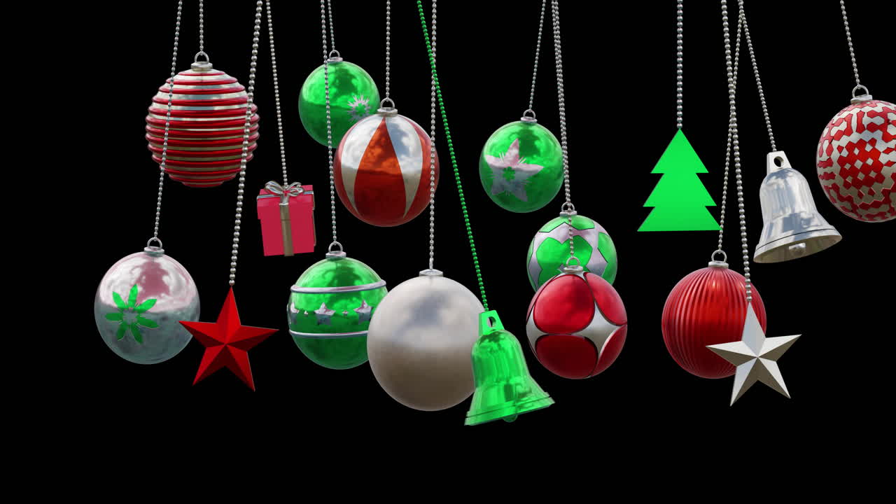 Animation of christmas baubles and decorations on black background