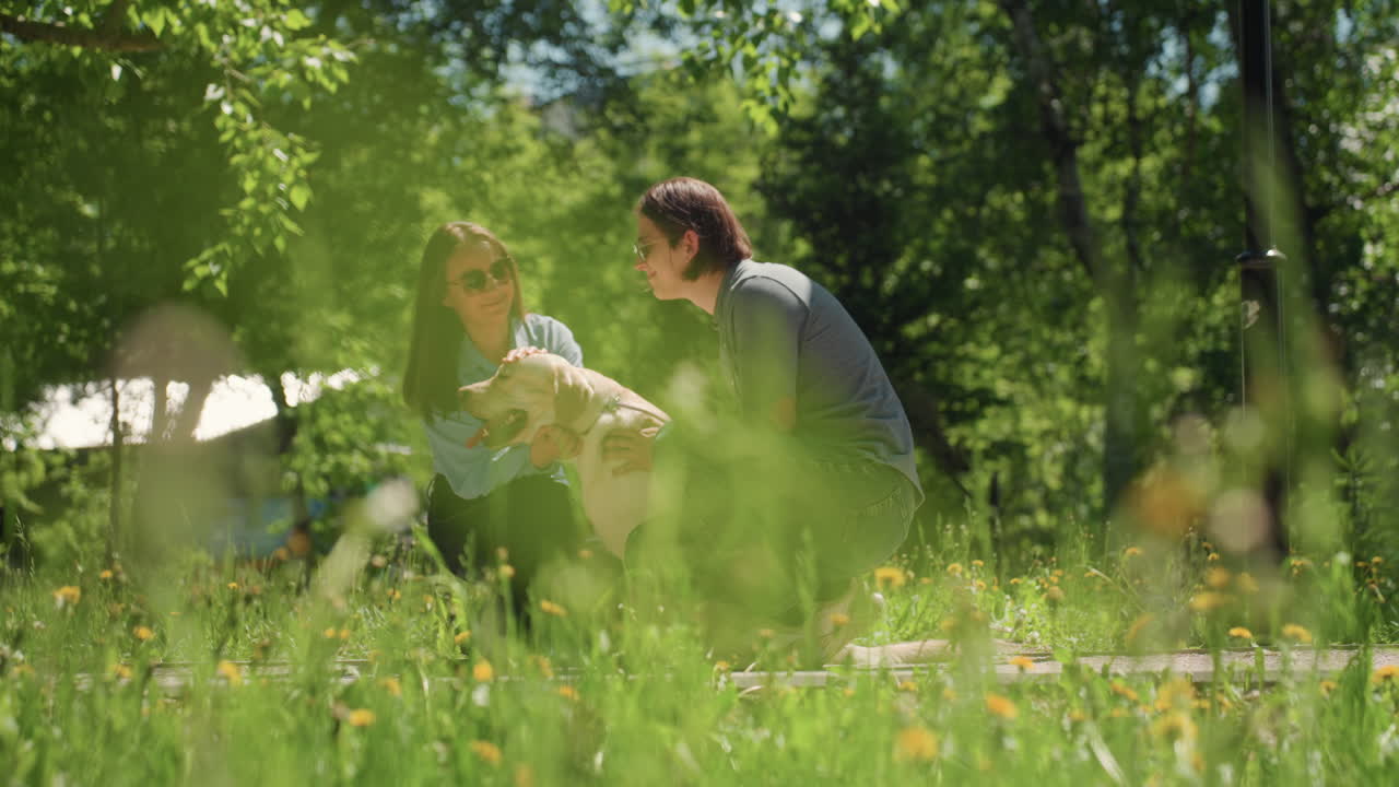잔디밭에서 강아지를 껴안고 있는 젊은 백인 커플, 행복한 표정, 나무 사이로 비치는 햇빛, 장난기 넘치는 교감, 부드럽게 쓰다듬기, 손에 든 목줄, 새로운 반려동물 주인이 교감하는 솔직한 순간, 보호소