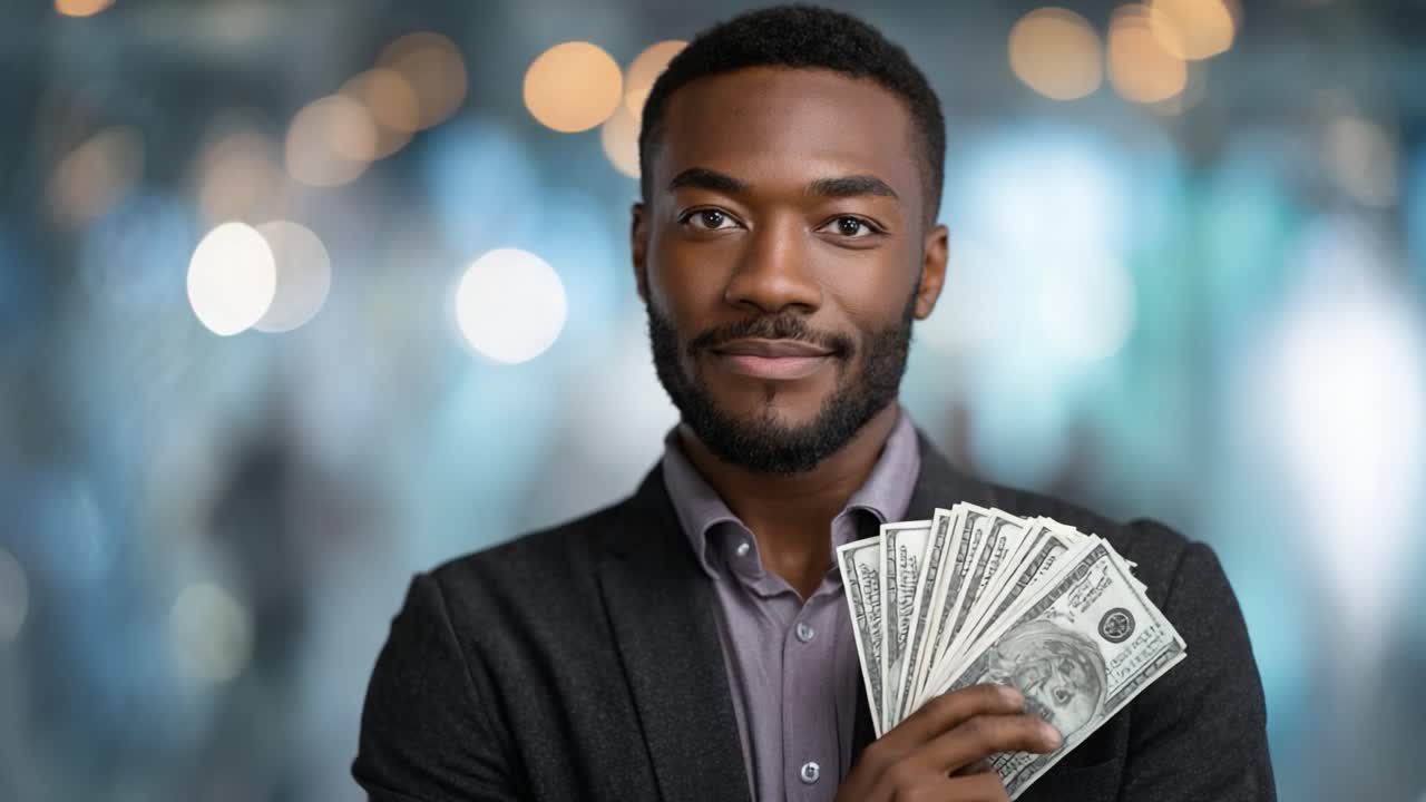 Imprenditore sicuro di sé che mostra denaro contante con un sorriso affascinante, simbolo di successo e prosperità, circondato da uno sfondo luminoso e sfocato che mette in risalto i suoi risultati